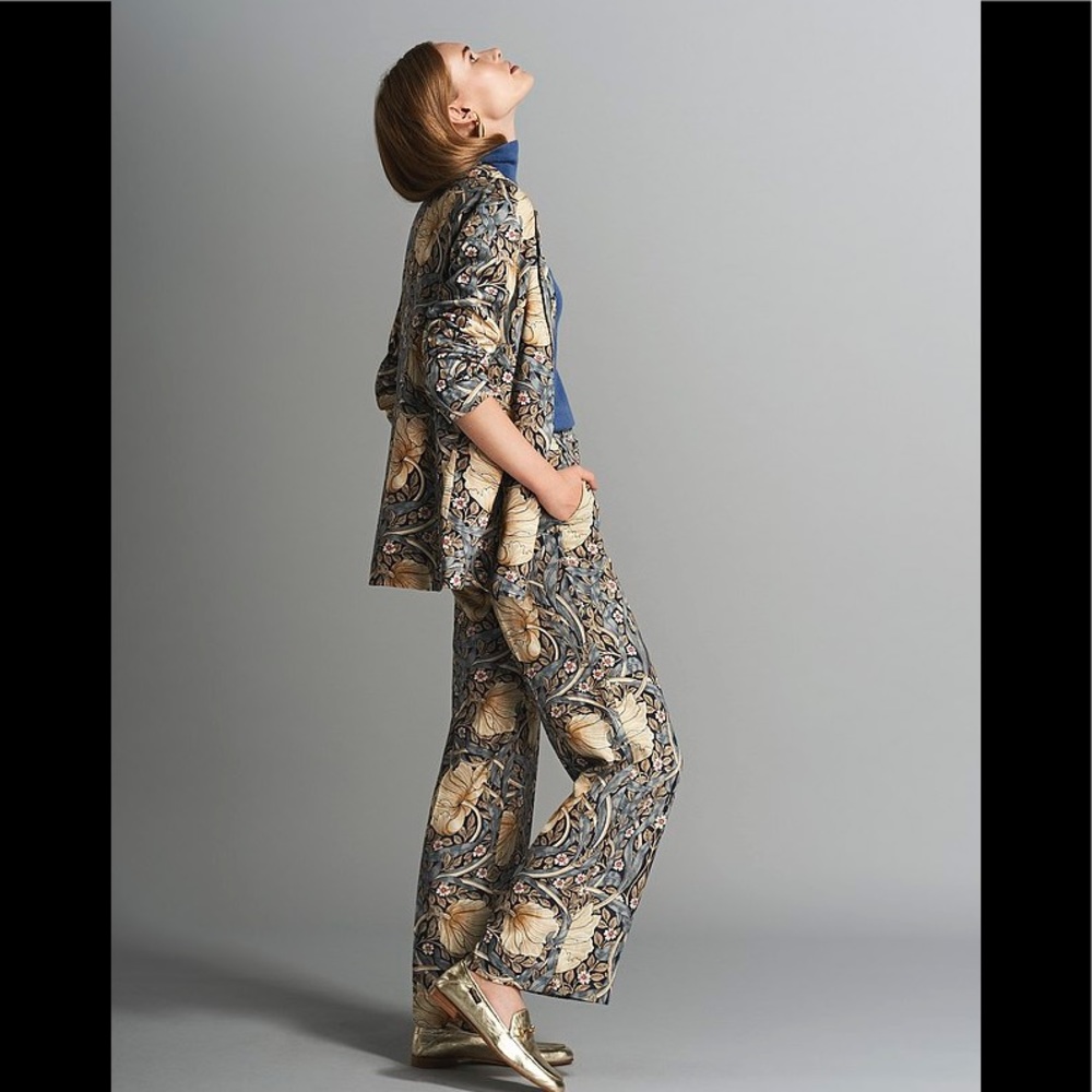 Printed Wide-Leg Pants - Blue & Beige Floral